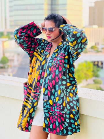 Artisan made Black Vintage Kantha Kimono Robe By Ornate Handicrafts