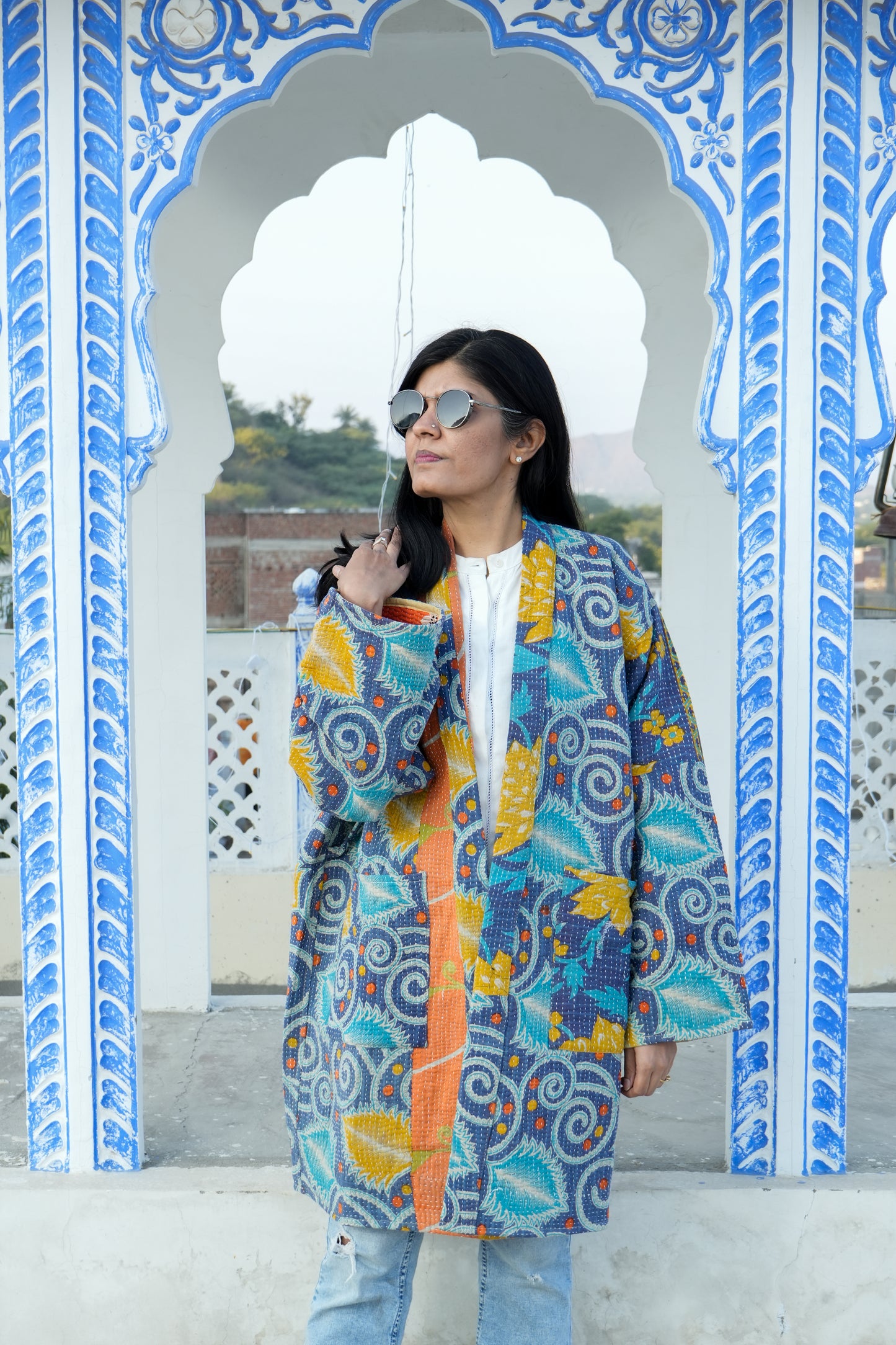 Vintage Kantha Kimono Jacket Blue by Ornate Handicrafts