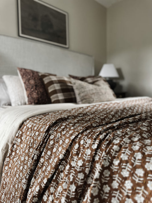 Artisan made Brown Floral Kantha Quilt by Ornate Handicrafts