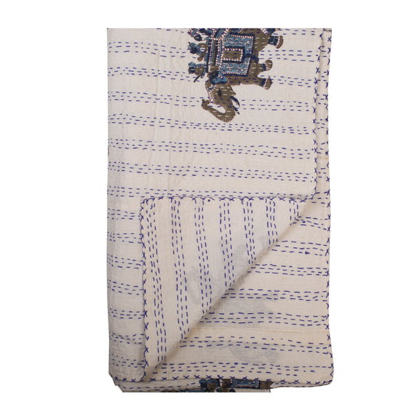 Hand Stitched Kantha Quilt with block printed Elephant motifs by Ornate Handicrafts