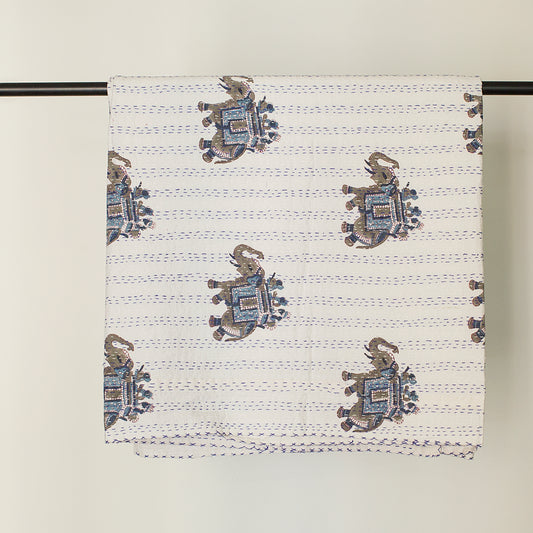 Hand Stitched Kantha Quilt with block printed Elephant motifs by Ornate Handicrafts