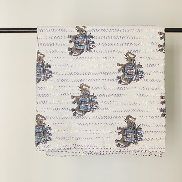 Hand Stitched Kantha Quilt with block printed Elephant motifs by Ornate Handicrafts