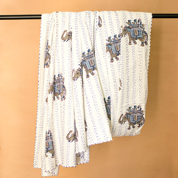 Hand Stitched Kantha Quilt with block printed Elephant motifs by Ornate Handicrafts