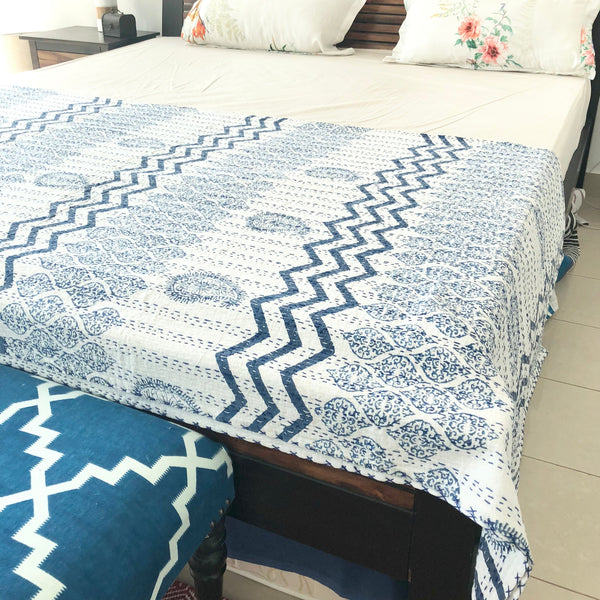 Hand Stitched Kantha Quilt with block printed motifs by Ornate Handicrafts