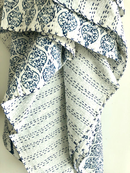 Hand Stitched Kantha Quilt with block printed motifs by Ornate Handicrafts