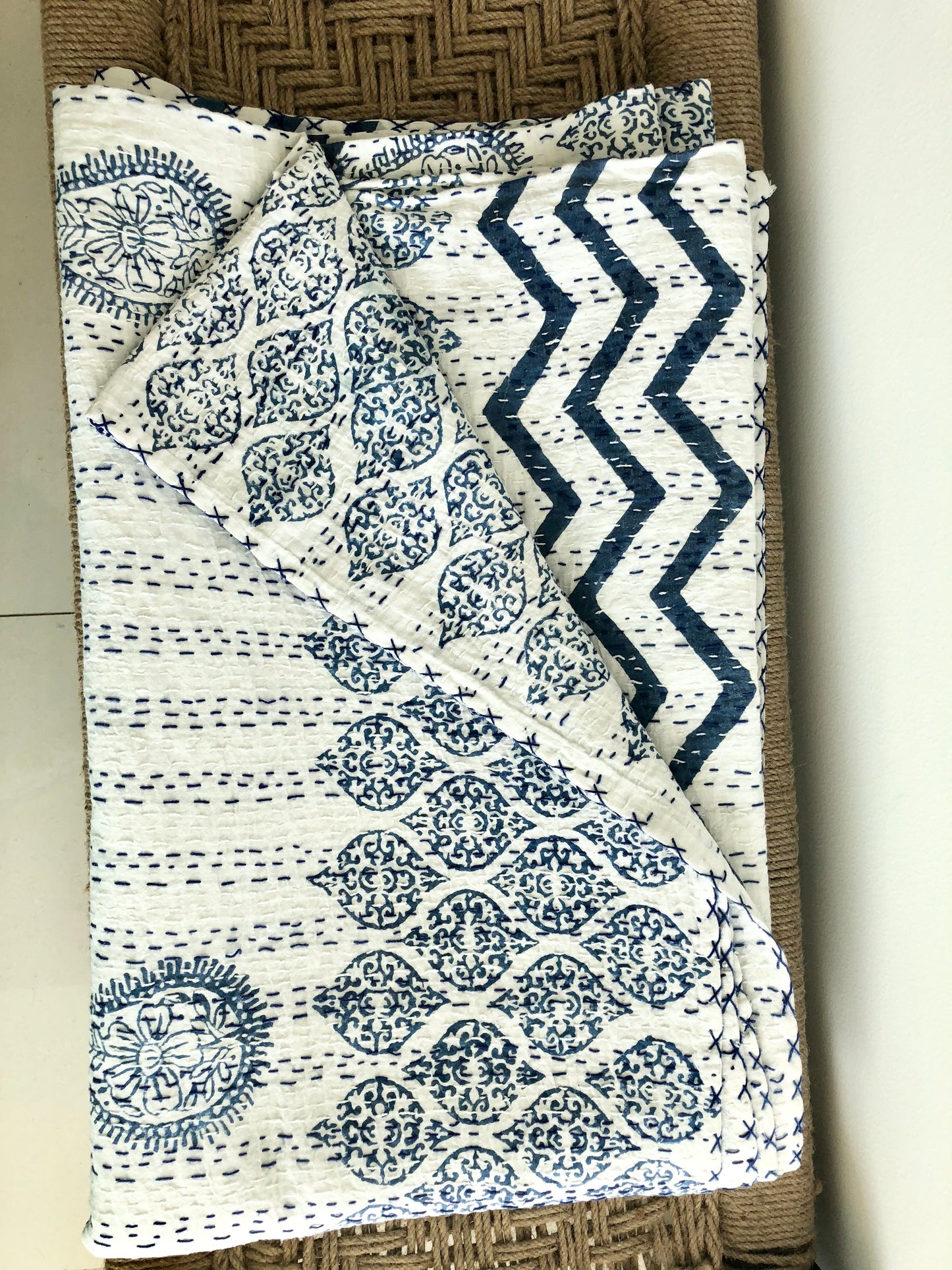 Hand Stitched Kantha Quilt with block printed motifs by Ornate Handicrafts