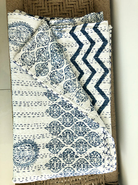 Hand Stitched Kantha Quilt with block printed motifs by Ornate Handicrafts