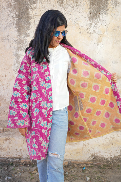 Pink Vintage Kantha Jacket for Spring Summer by Ornate Handicrafts