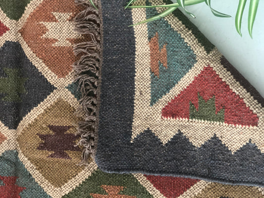 Charcoal Grey border Kilim flatweave rug reversible used for patio or as ascent rug