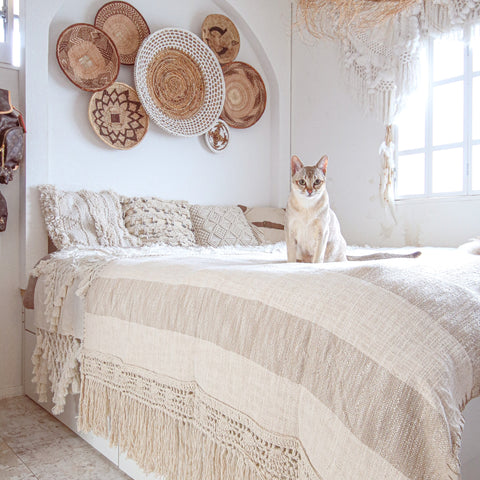 Macramé Beige Stripes Throw Blanket by Ornate Handicrafts