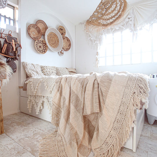 Macramé Beige Stripes Throw Blanket by Ornate Handicrafts