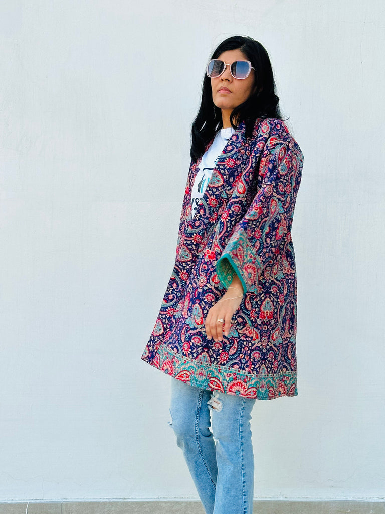 Navy Blue Paisley Quilted Silk Kimono made by artisans of Ornate Handicrafts in India using fair trade practice. Perfect outfit for casual shopping or date nights with friends at night.