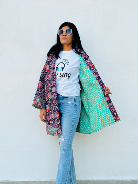 Navy Blue Paisley Quilted Silk Kimono made by artisans of Ornate Handicrafts in India using fair trade practice. Perfect outfit for casual shopping or date nights with friends at night.