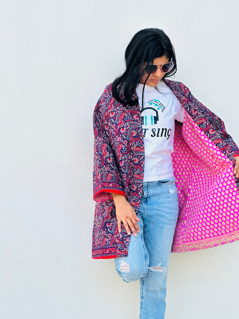 Blue Pink Silk Quilted Reversible Kimono Jacket made by artisans in India for Ornate Handicrafts. Style with  jeans t-shirt for casual look or with a dress for a special night!