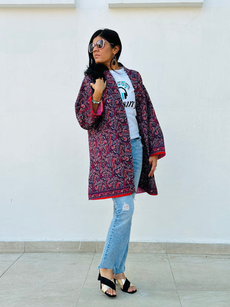 Blue Pink Silk Quilted Reversible Kimono Jacket made by artisans in India for Ornate Handicrafts. Style with jeans t-shirt for casual look or with a dress for a special night!