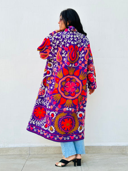 Artisan made Purple Suzani Embroidered Long Kimono Coat by Ornate Handicrafts. Perfect for casual shopping trips or evening dinner parties!