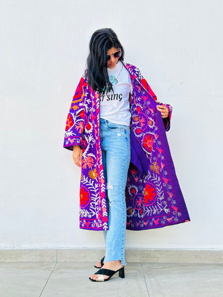 Artisan made Purple Suzani Embroidered Long Kimono Coat by Ornate Handicrafts. Perfect for casual shopping trips or evening dinner parties!