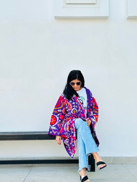Artisan made Purple Suzani Embroidered Long Kimono Coat by Ornate Handicrafts. Perfect for casual shopping trips or evening dinner parties!