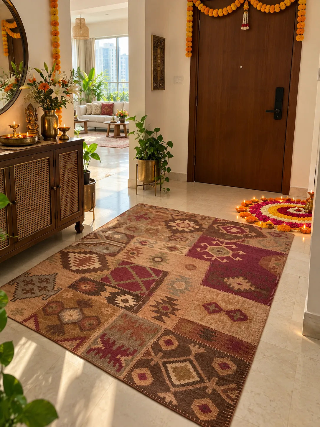 Red handwoven Indian kilim rug, patchwork style, geometric pattern in warm tones, styled in a living room for festive decor