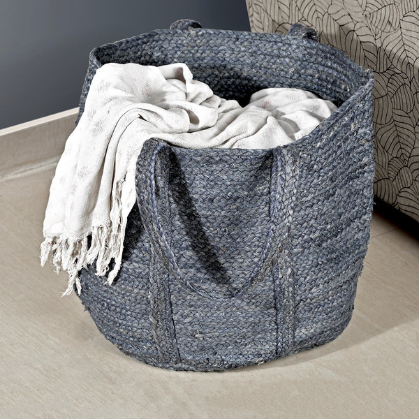 Navy Jute Woven Laundry Basket(Round)