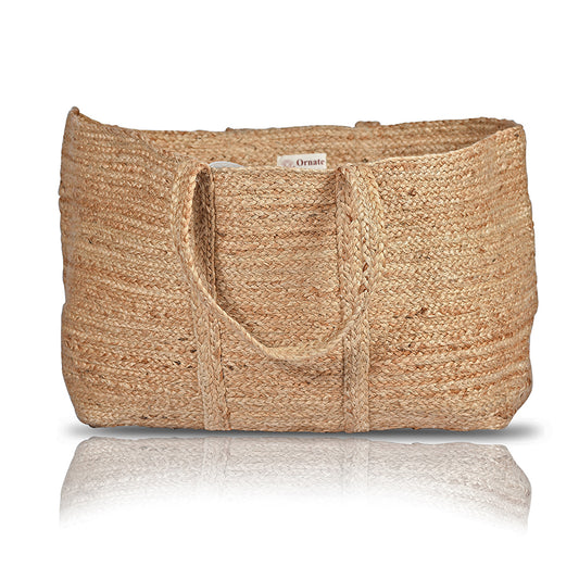 XL woven jute laundry basket with handles, front view