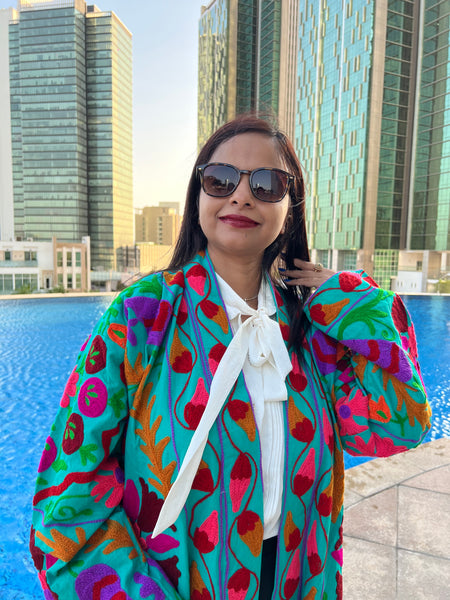 Blue Embroidered Long Kimono Coat by Ornate Handicrafts