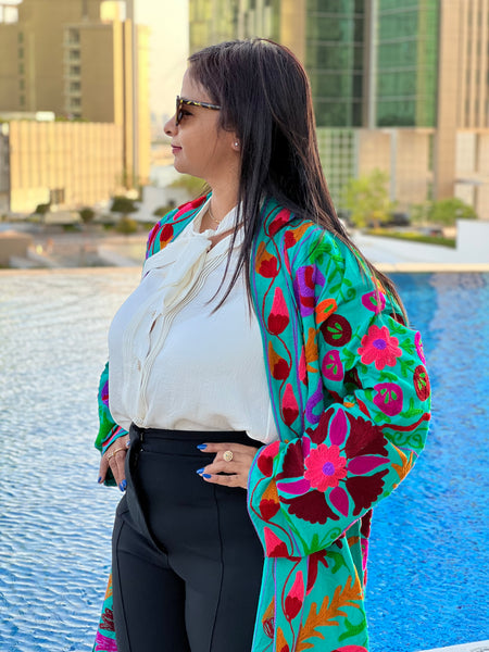 Blue Embroidered Long Kimono Coat by Ornate Handicrafts