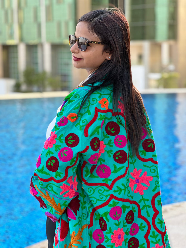 Blue Embroidered Long Kimono Coat by Ornate Handicrafts