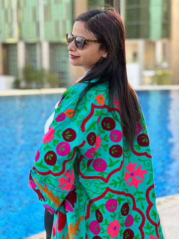 Blue Embroidered Long Kimono Coat by Ornate Handicrafts