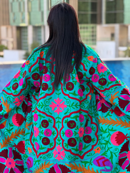 Blue Embroidered Long Kimono Coat by Ornate Handicrafts