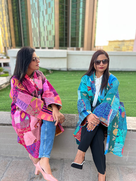 Blue Silk Patchwork Quilted Kimono Jacket