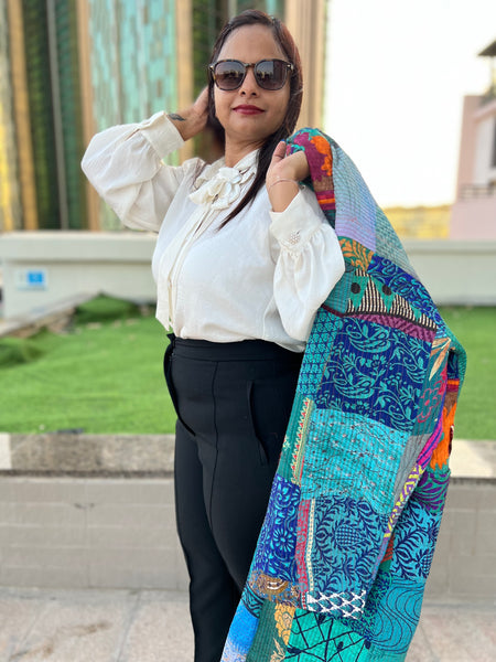 Blue Silk Patchwork Quilted Kimono Jacket