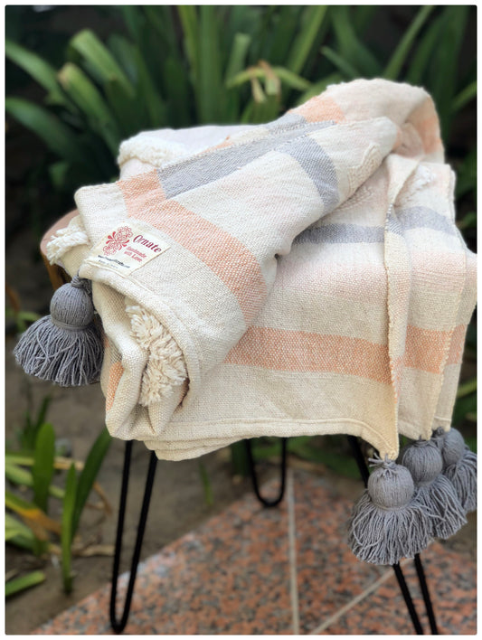 Tufted Grey Pompom Throw Blanket,