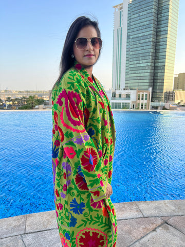 Green Long Embroidered Kimono Coat by Ornate Handicrafts