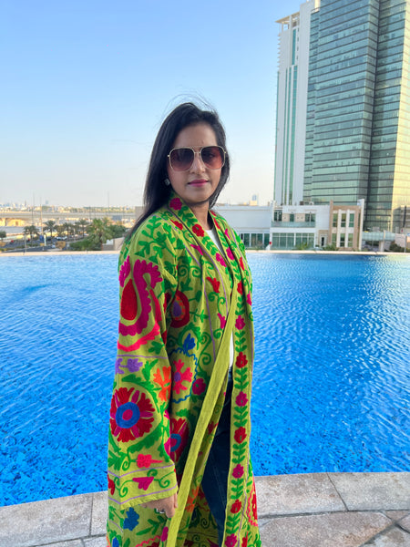 Green Long Embroidered Kimono Coat by Ornate Handicrafts