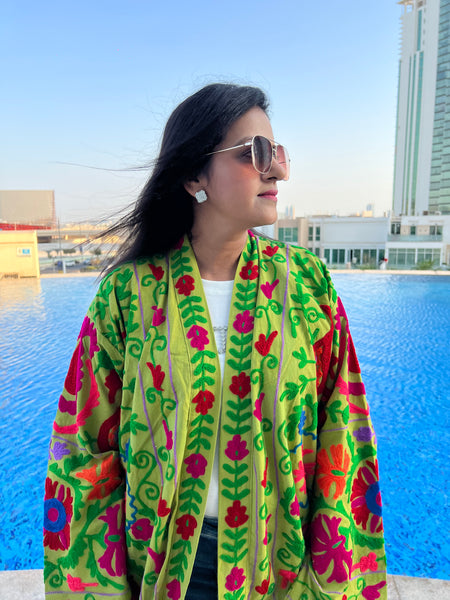 Green Long Embroidered Kimono Coat by Ornate Handicrafts