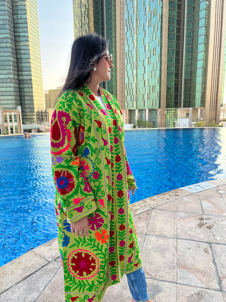 Green Long Embroidered Kimono Coat by Ornate Handicrafts
