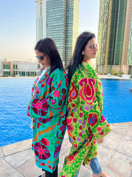 Green Long Embroidered Kimono Coat by Ornate Handicrafts