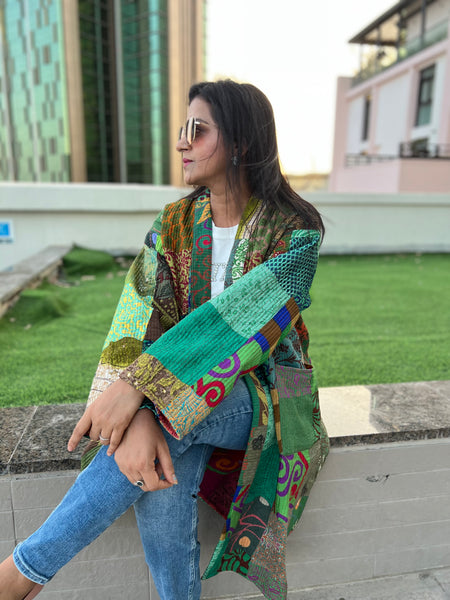 Green Patchwork Kimono Coat by Ornate Handicrafts