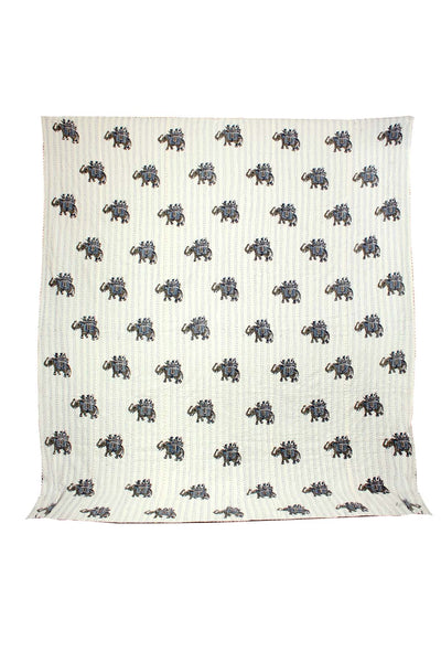 Hand Stitched Kantha Quilt with block printed Elephant motifs by Ornate Handicrafts
