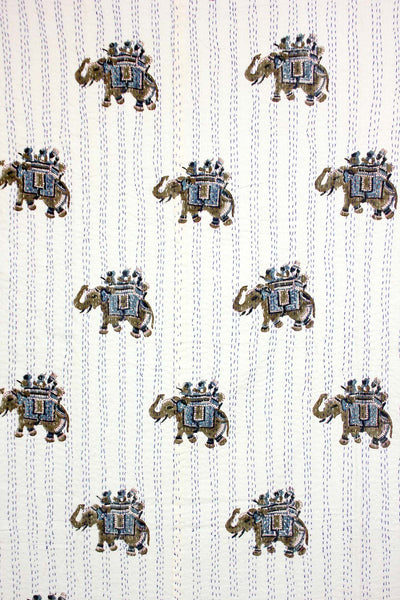 Hand Stitched Kantha Quilt with block printed Elephant motifs by Ornate Handicrafts