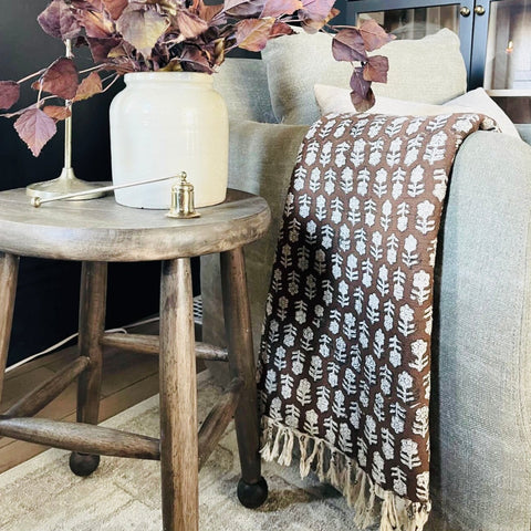 Artisan made Brown Neutral Block Print Throw Blanket by Ornate Handicrafts