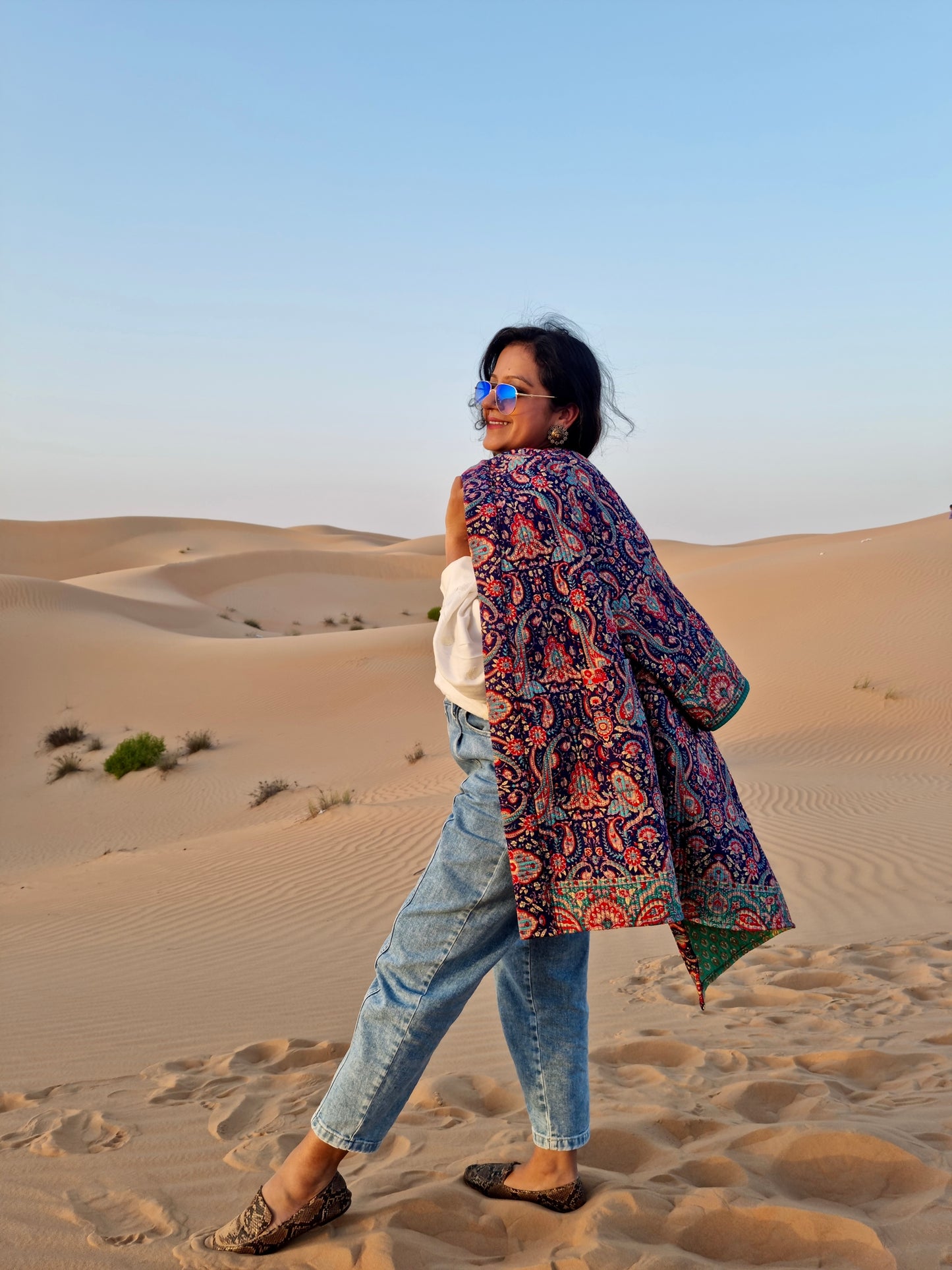 Navy Blue Paisley Quilted Silk Kimono made by artisans of Ornate Handicrafts in India using fair trade practice. Perfect outfit for casual shopping or date nights with friends at night.