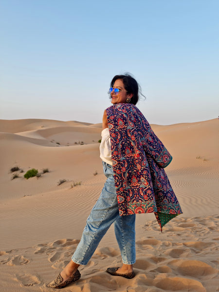 Navy Blue Paisley Quilted Silk Kimono made by artisans of Ornate Handicrafts in India using fair trade practice. Perfect outfit for casual shopping or date nights with friends at night.