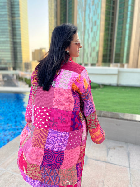 Pink Patchwork Quilted Kimono Jacket