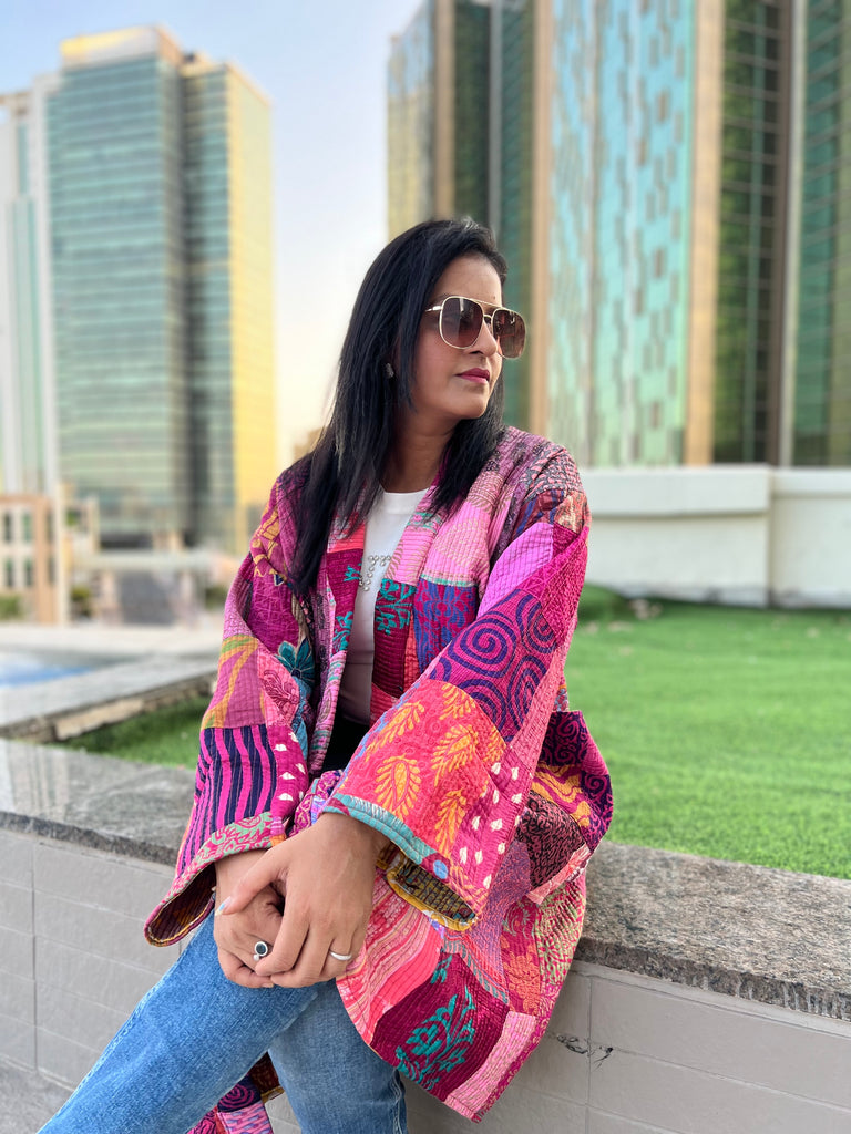Pink Patchwork Quilted Kimono Jacket