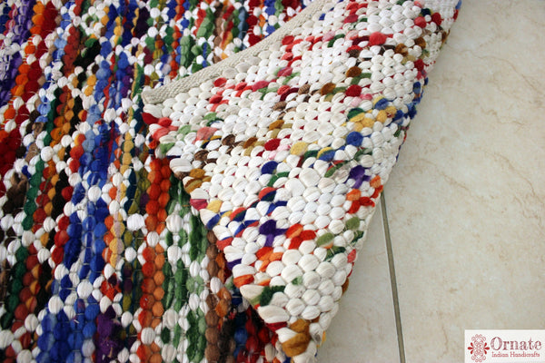 Upcycled Cotton chindi "chamak", round. boho chic decor , handwoven, Indian artisans	Upcycled rugs, recycle, sustainable