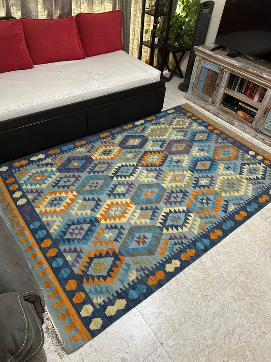 Blue Orange Kilim Rug 5x8ft