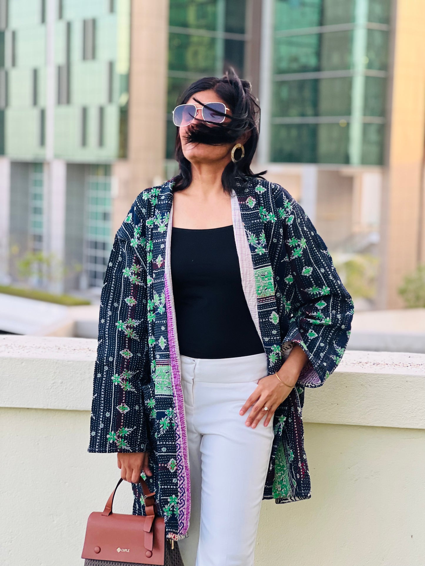 Artisan made Black Green Vintage Kantha Kimono Jacket By Ornate Handicrafts