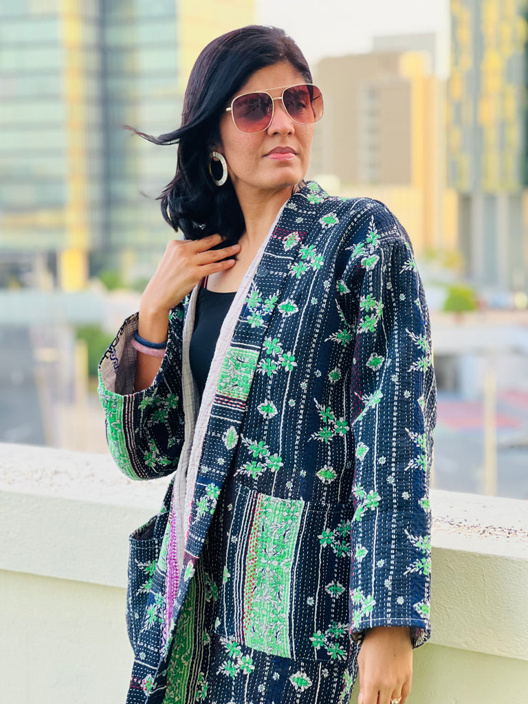 Black Green Vintage Kantha Kimono Jacket By Ornate Handicrafts